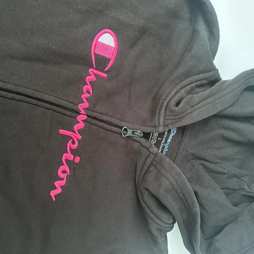 Champion Black Hoodie Pink Logo - Size Large